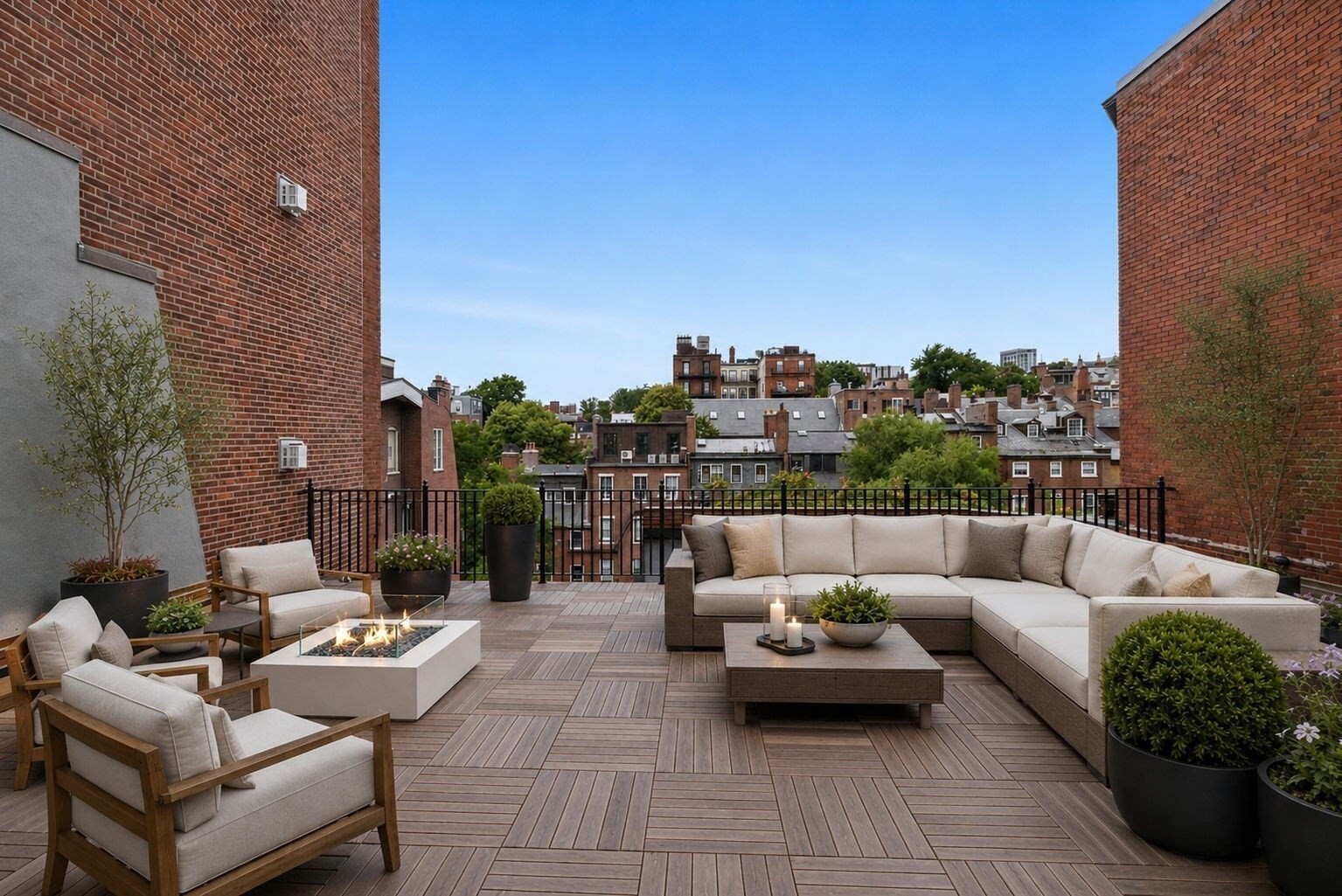 Located in Boston’s storied Beacon Hill, The Jordan Mansion is an exclusive collection of eight heritage residences in which classic architecture has been thoughtfully renewed for sophisticated 21st century living. Spanning the block from Beacon Street to Spruce Street, the homes are united by state-of-the-art building systems, on-site concierge services, direct elevator access, and garage parking, bringing ease and comfort to this timeless setting. Residence Five elevates third-floor as an alternative option to penthouse living with restored historic windows, elegant plasterwork, and a beautifully preserved fireplace anchoring the grand living and dining rooms. A custom Cochin Arabescato marble kitchen and bar pair seamlessly with serene bedroom suites and spa-caliber baths. Private elevator access opens directly to the residence and its exclusive Ipe-decked roof terrace at the fifth level with a full outdoor kitchen, fire pit, and sweeping Beacon Hill views; an exceptional urban sanctuary.