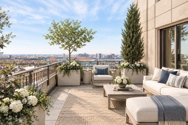 Impeccable custom renovated 4 bedroom residence showcases a 500sf+/- step-out, private wraparound terrace and panoramic views of Back Bay and beyond. 3 exposures capture abundant natural light, exquisite wide oak hardwood floors, bespoke millwork, an open/spacious floor plan, and soaring ceilings throughout. The meticulous custom renovation created a one of a kind showpiece featuring a chef’s kitchen with top-of-the-line appliances and impressive wine refrigerator. Entertaining is effortless from the expansive, inviting living room and dining areas featuring striking designer lighting complemented by a sensational custom illuminated bar. A sophisticated media room sits just off the living area. Enjoy sweeping views from the luxurious primary wing, boasting an enormous walk-in closet, a sumptuous spa-like bath with radiant heat, full laundry room, and custom built-in office. 3 additional, impressive guest bedrooms and baths encompass a separate wing of the home.  Renovation Team included Marcus Gleysteen Architects, Heather Wells Design, and Greg Lombardi Landscape (Terrace). 3 valet-only garage parking. Trinity Place is a full-service building (recently renovated lobby, common areas), 5-star services, fitness room, 24/7 concierge.  Some photos virtually staged.
